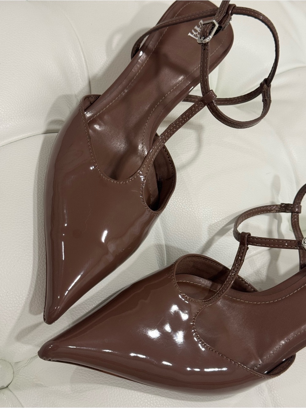 Zara Brown Glossy Patent Strappy Kitten Heels